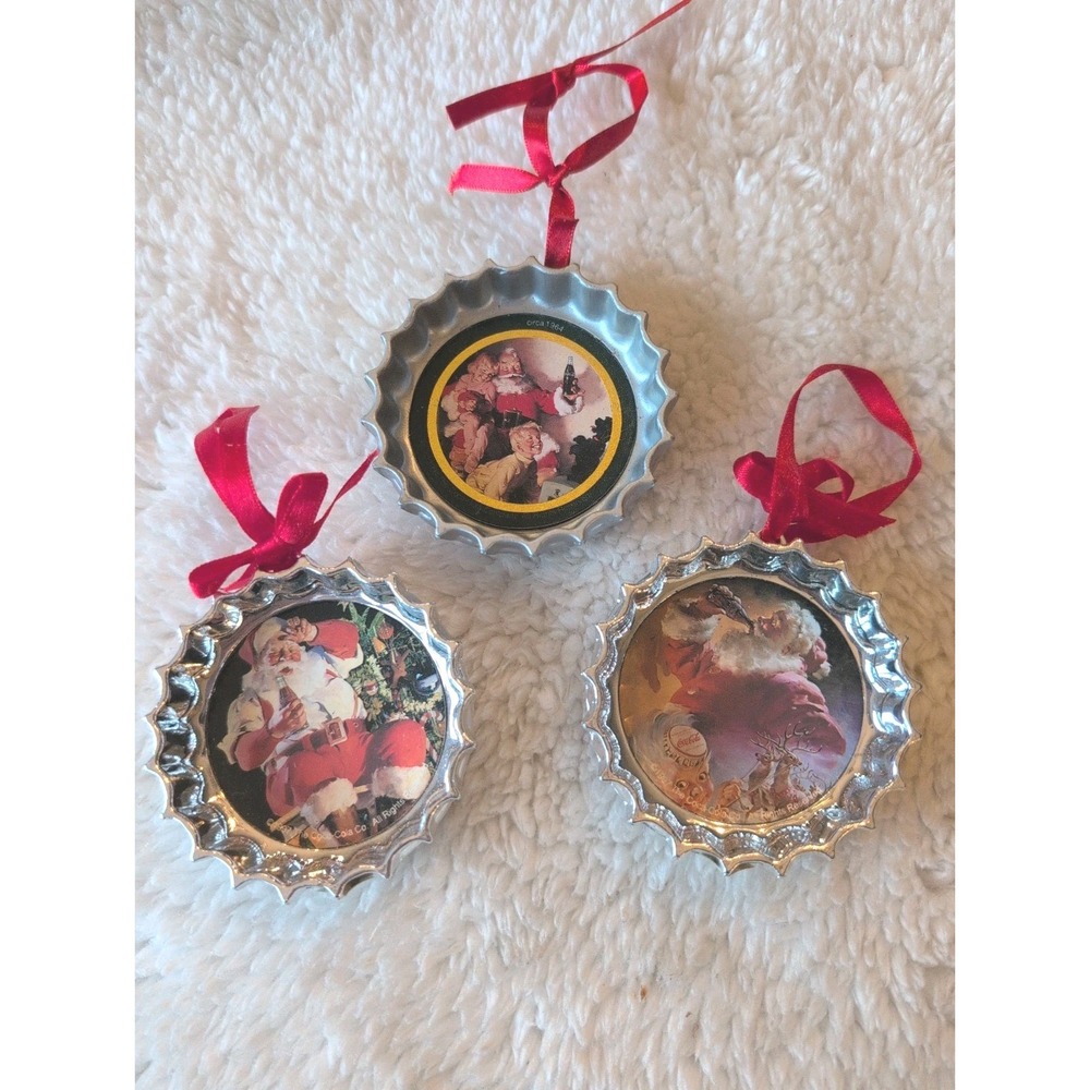 Coca Cola Bottle Cap  Vintage Santa Ornaments Trim a Tree 1990's Lot of 3